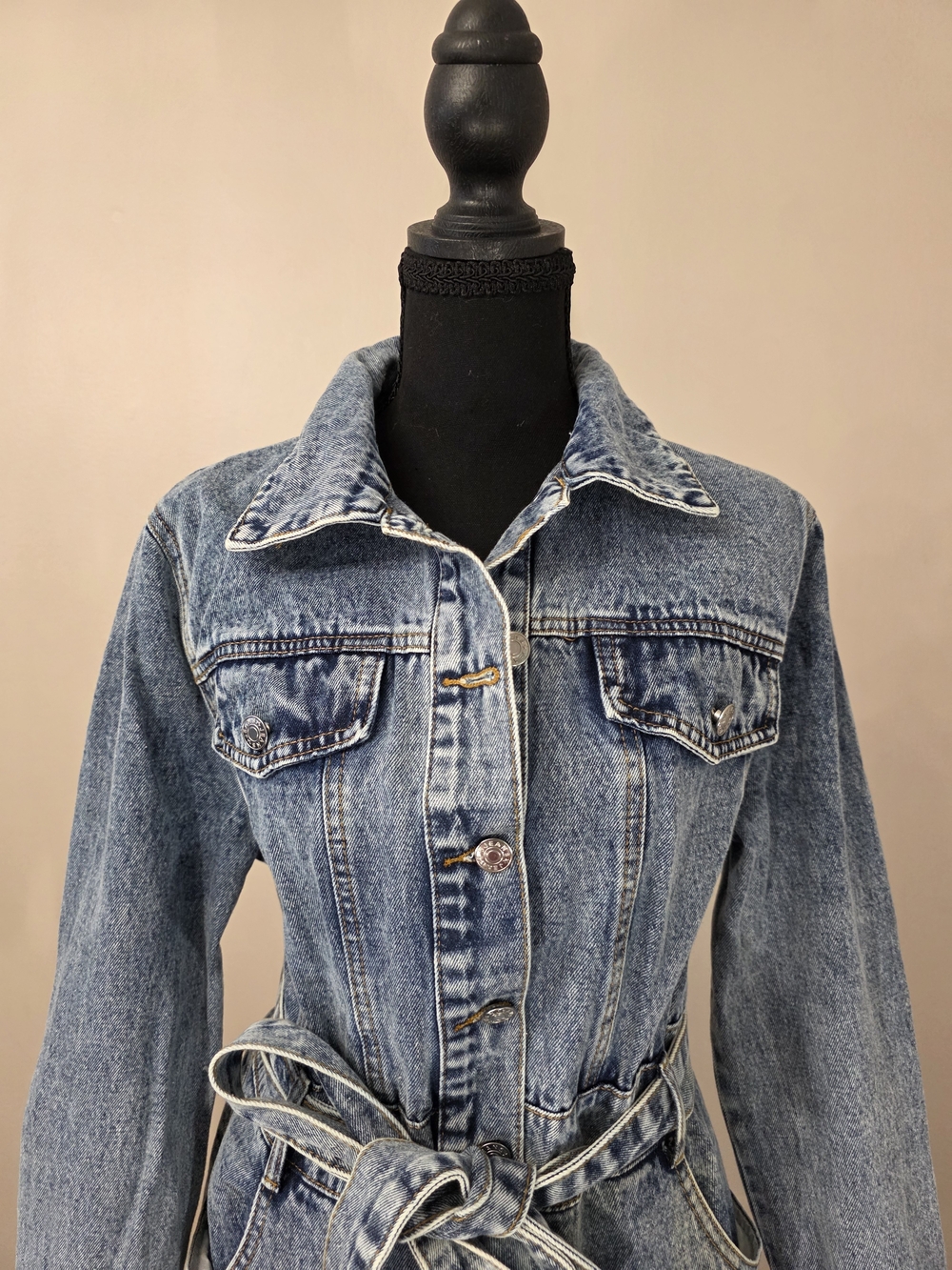 Shein Denim Button Front Midi Dress w Belt Long Sleeve Blue Jean Dress Size M